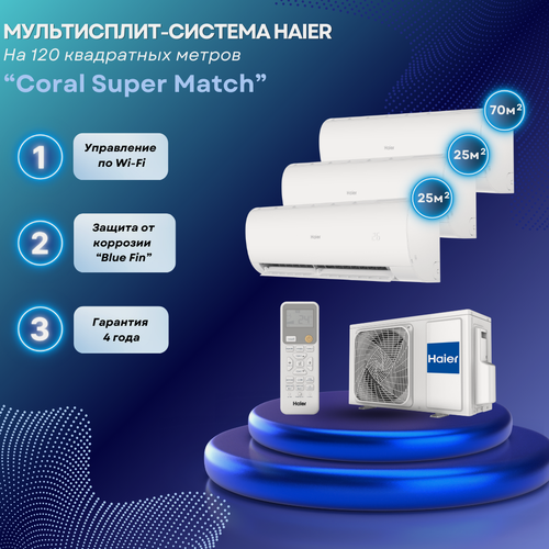 Изображение товара Мультисплит-система Haier Coral Super Match 2 x AS25PS1HRA-M + AS70PS1HRA-M / 5U125S2SN1FA на 3 комнаты 25+25+70 м²