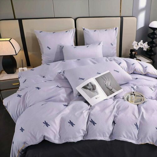 Изображение товара Комплект постельного белья семейный, Хлопок, Стрекозы на лавандовом