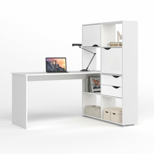Компьютерный стол угловой Есэндвич L Лаворо 110х150х150 см правый (Белый/Белый глянец)