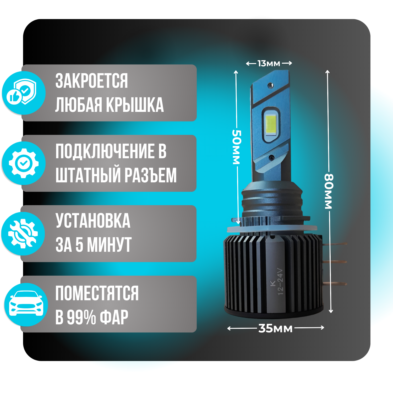 H15 Лампы автомобильные светодиодные LED 180W 15000LM 12/24V с обманкой и стабилизатором напряжения, с активным охлаждением охлаждением — фото 1