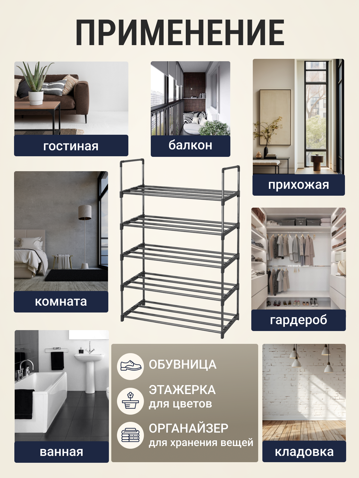 Обувница 88х57х26 см, с 5 полками, металлическая, черная, 15 пар — фото 1