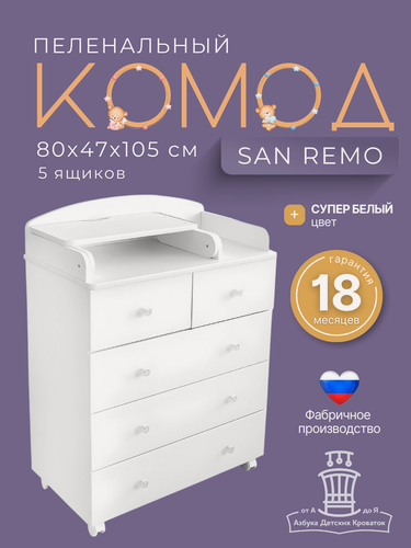 Изображение товара Комод детский пеленальный 80*47*100 см с откидной крышкой San Remo, белый