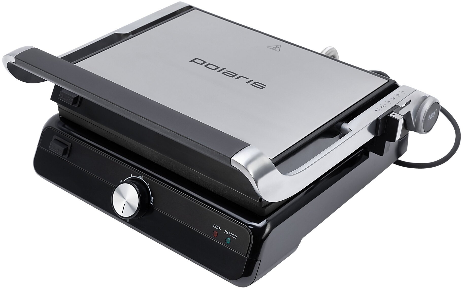 Гриль Polaris PGP 2102, мощность 2000Вт, антипригарная поверхность, черный, серебристый