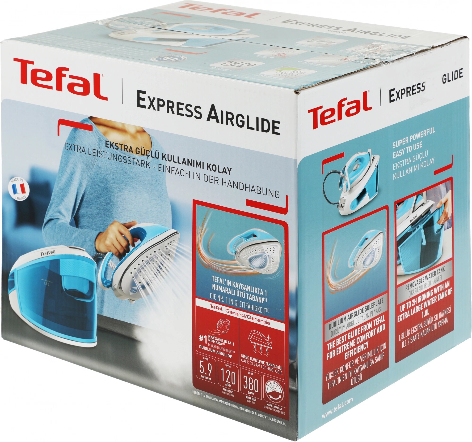 Парогенератор Tefal Express Airglide SV8002E0 голубой/белый, Постоянная подача пара, Паровой удар