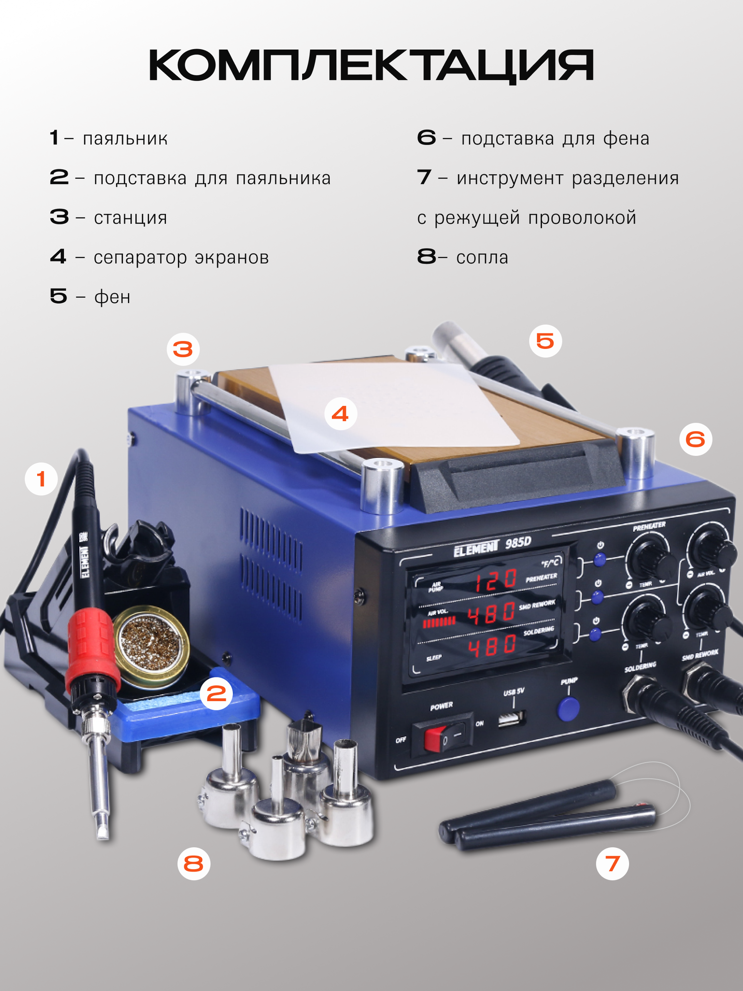Паяльные Станции Паяльная станция Element 985D, 3 в 1, 75Вт, синяя