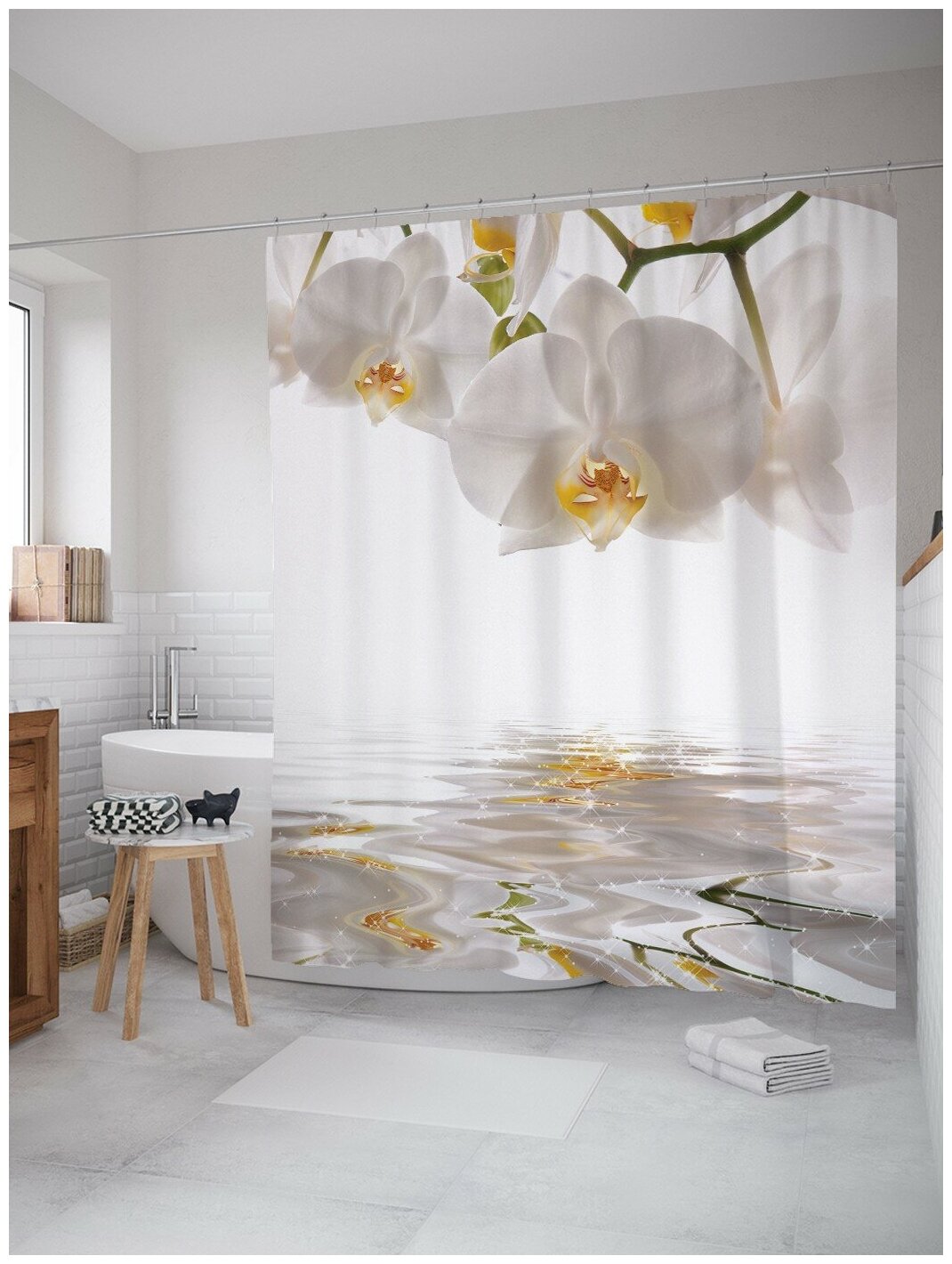 Штора для ванной, занавеска в ванную комнату JoyArty "Орхидея ожидает" из сатена, 180х200 см с крючками - фотография № 7