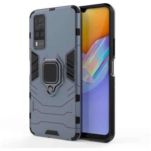 фото Противоударный двухкомпонентный силиконовый чехол для vivo y31 с кольцом-держателем и поликарбонатными вставками синий 100gadgets