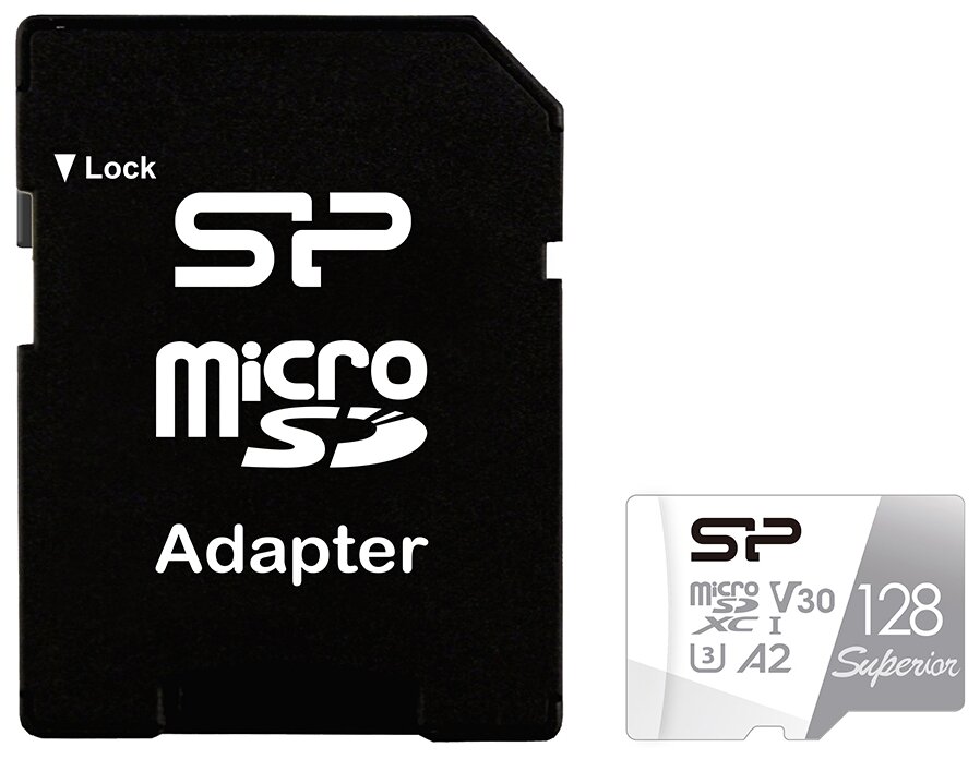 Карта памяти Silicon Power micro SDXC 128Gb Superior UHS-I U3 V30 A2 + ADP (100/80 Mb/s)