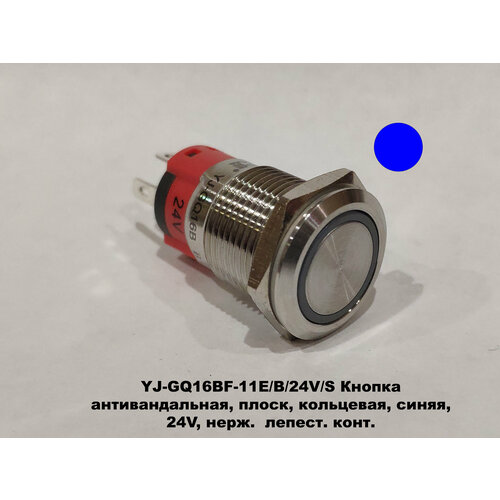 YJ-GQ16BF-11E/J/B/24V/S Кнопка антивандальная, плоск, кольцевая, синяя , 24 V , нерж. лепест. конт.