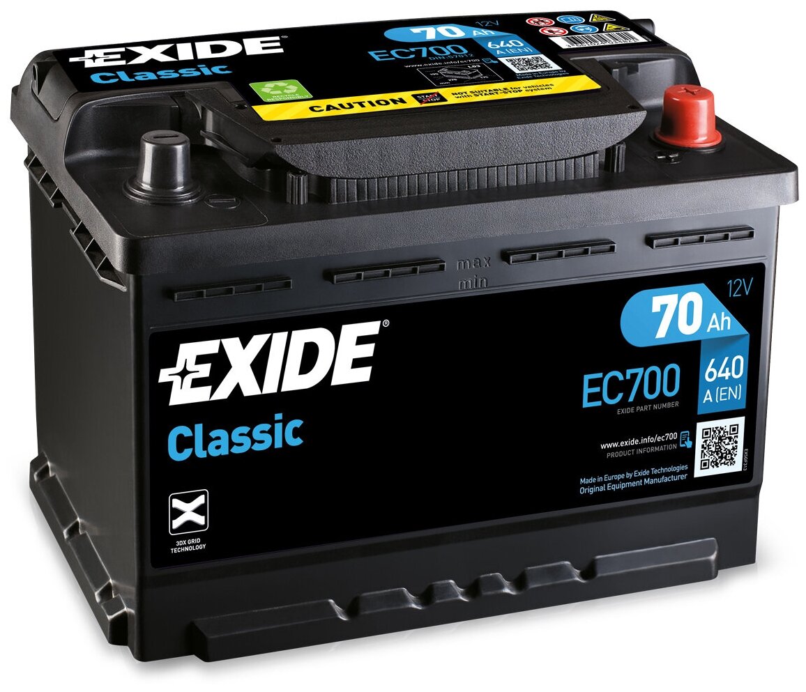 Аккумуляторная батарея classic [12v 70ah 640a b13] exide ec700