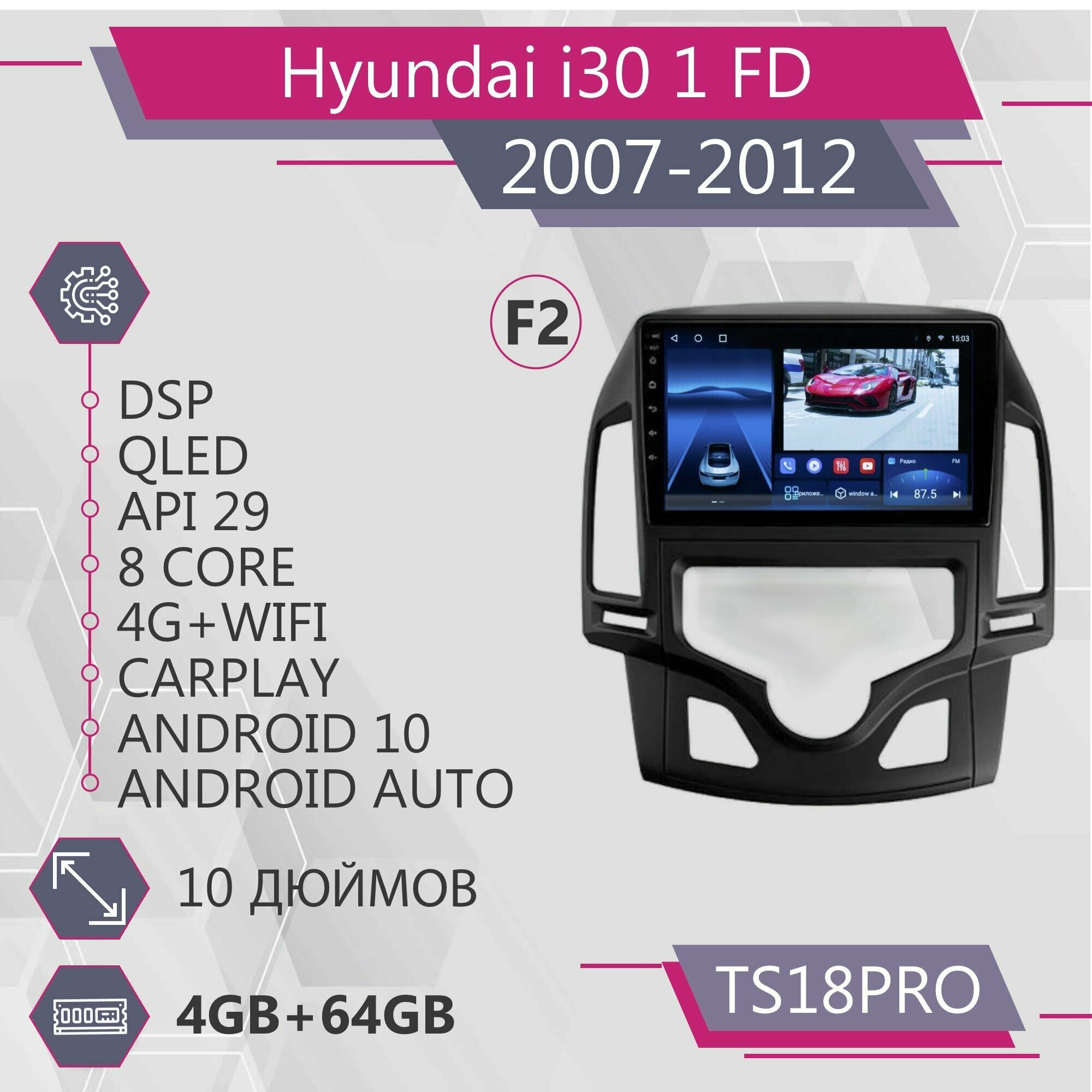 Штатная магнитола TS18Pro/4+64GB/Hyundai i30 1 FD/ Хендай и30/ Хендэ и30/ магнитола Android 10/2din/ головное устройство/ мультимедиа/