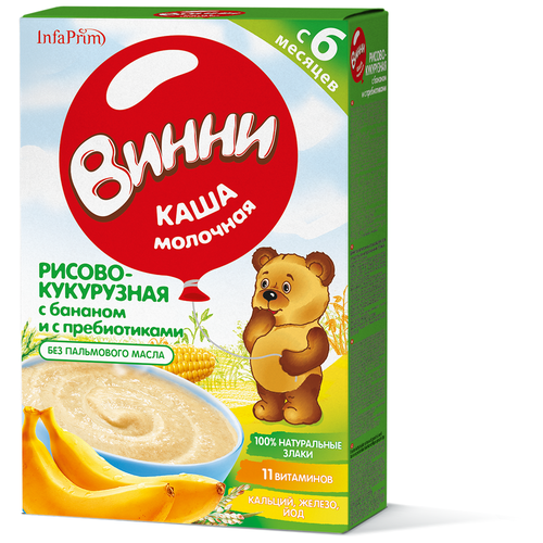Каша Винни молочная рисово-кукурузная с бананом и пребиотиками, с 6 месяцев каша кукурузная yelli kids с фруктами 120 г