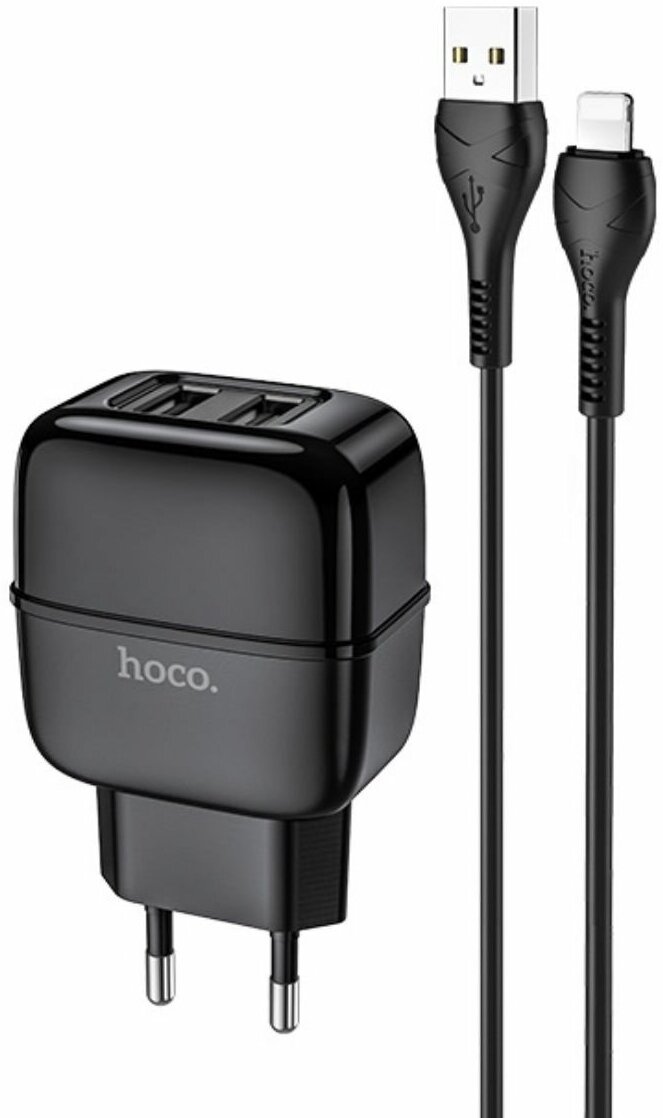 Зарядное устройство HOCO C77A Highway 2*USB + Кабель USB-Lightning, 2.4A, черный