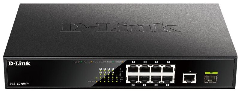 D-Link DGS-1010MP/A1A Неуправляемый коммутатор с 9 портами 10/100/1000Base-T, 1 портом 1000Base-X SFP, функцией энергосбережения и поддержкой QoS (8 портов с поддержкой PoE 802.3af/802.3at (30 Вт)