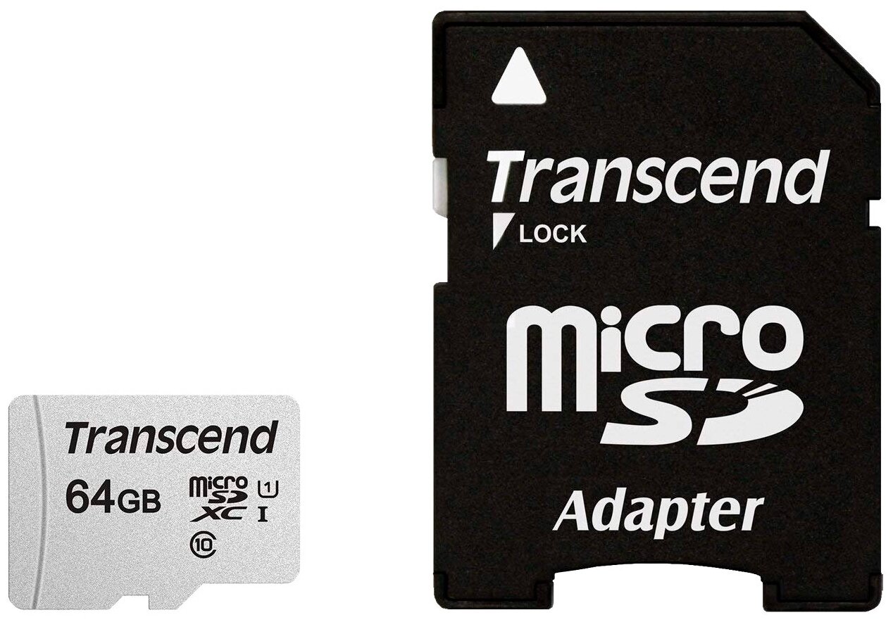 Карта памяти Transcend microSDXC 300S Class 10 UHS-I U1 64GB + SD adapter (TS64GUSD300S-A)