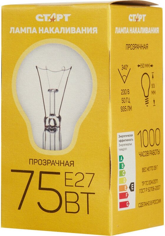 Электрическая лампа старт стандартная/прозрачная 75W E27 10 шт