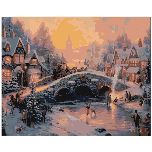 Зимний городской пейзаж с мостом Раскраска картина по номерам на холсте