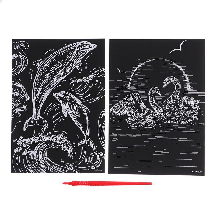 Набор гравюр Школа талантов "Дельфин и лебеди" с металлическим эффектом "золото", 2 штук, А5