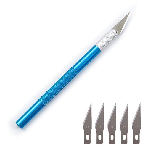 фото Нож макетный (скальпель) для рукоделия с алюминиевой рукоядкой и сменными лезвиями 5шт, цвет синий. iqzip