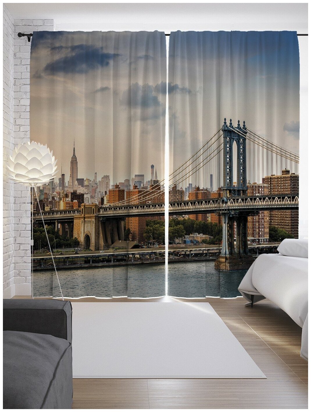 Шторы, фотошторы JoyArty "Бруклинский мост" из ткани сатен, 2 полотна шириной по 145 см, высота 265 см, шторная лента и крючки, степень затемнения 70 - фотография № 10