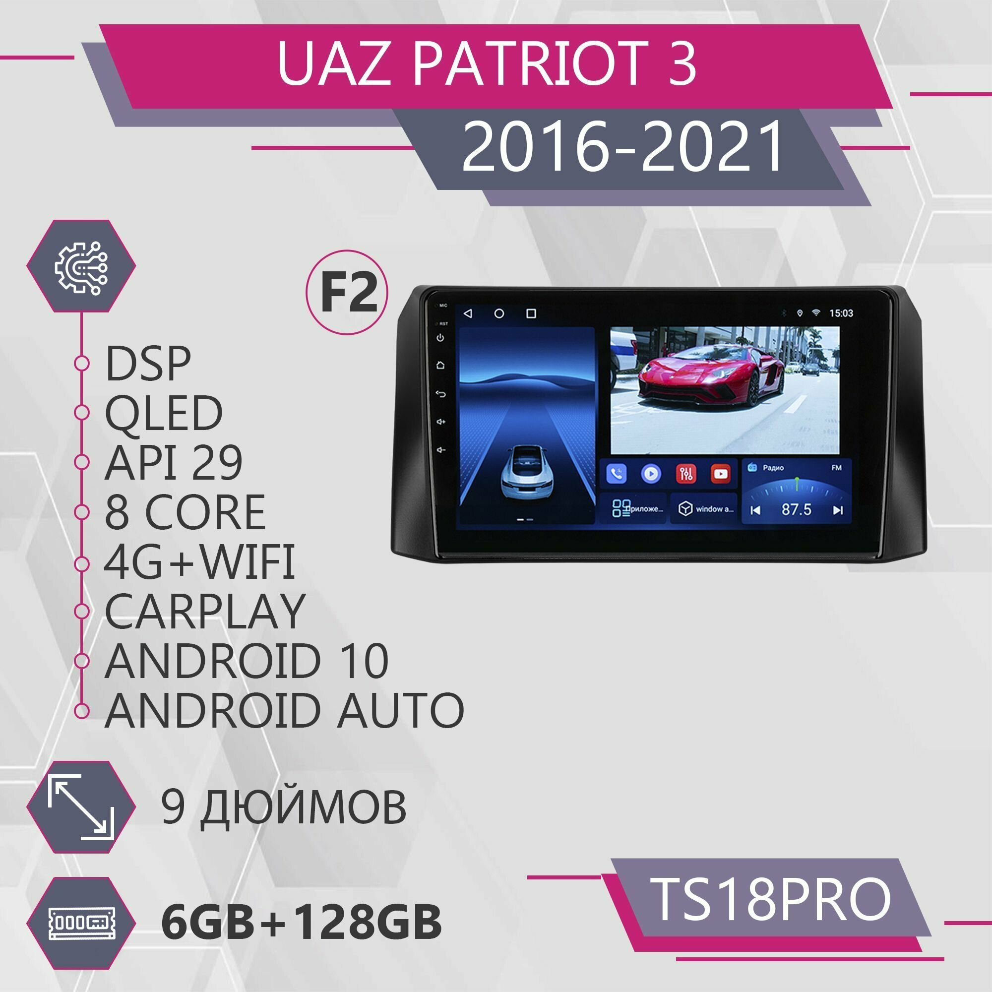 Штатная автомагнитола TS18Pro/ 6+128GB/для UAZ Patriot 3 F2/ УАЗ Патриот 3/ магнитола Android 10/2din/ головное устройство/ мультимедиа/