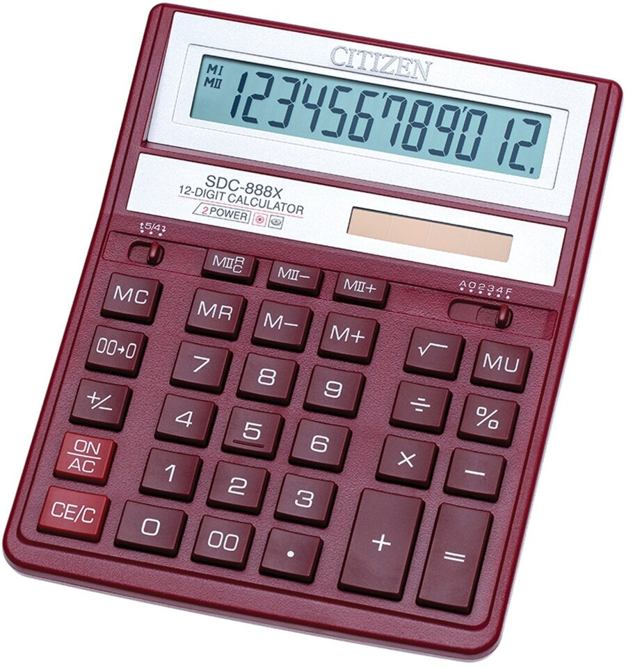 Калькулятор настольный Citizen SDC-888XRD, 12 разрядный, двойное питание, красный