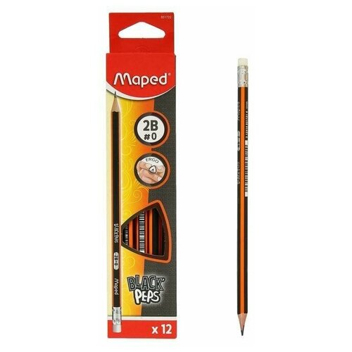 Карандаш чернографитный Maped Black Peps 2В, деревянный, с ластиком, ударопрочный грифель