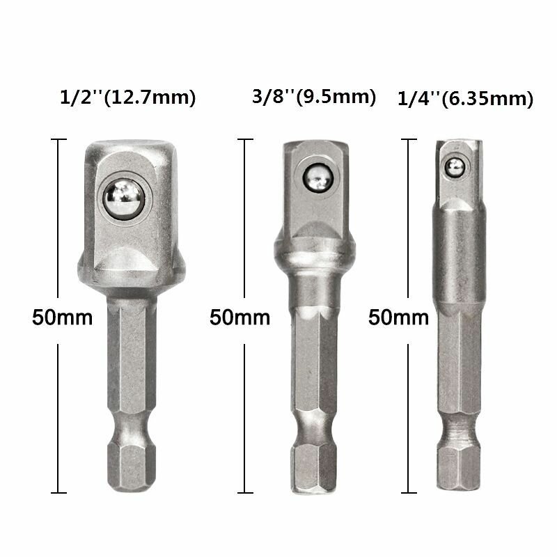 Переходники для шуруповерта под торцевые головки 1/2", 3/8",1/4", длина 50мм, 3 шт.