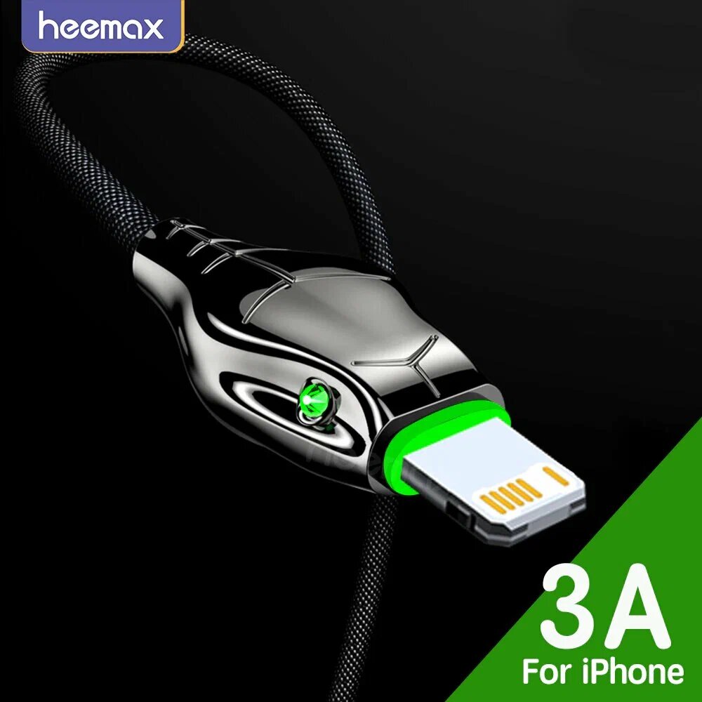 Кабель зарядный HEEMAX USB - Lightning, 3 A, 2 метра, индикатор, быстрая зарядка для Iphone 11, 12, 13, 14, 6, 6s, 7, 8, iPad, AirPods, (Черная Мамба)