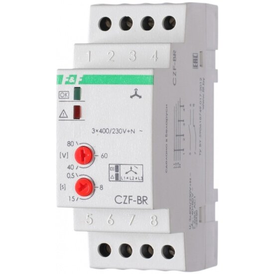 Автомат защиты электродвигателей F&F CZF-BR асимметрия регулируемая 40-80 В задержка отключения регулируемая 05-15 с контакт 1NO 1NC EA04.001.003