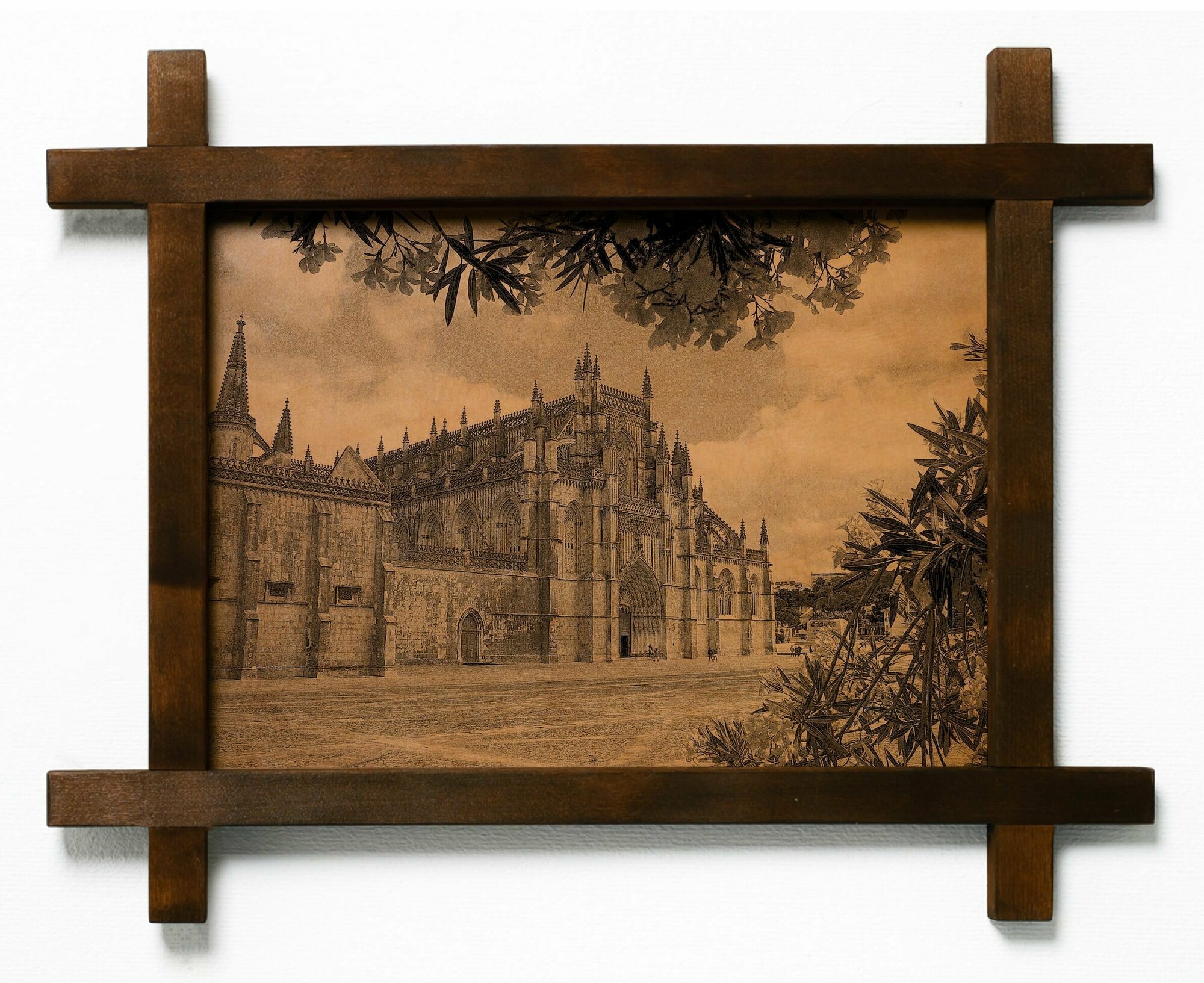 Картина Монастырь Баталья, Португалия, гравировка на натуральной коже, в деревянной раме, подарок, BoomGift