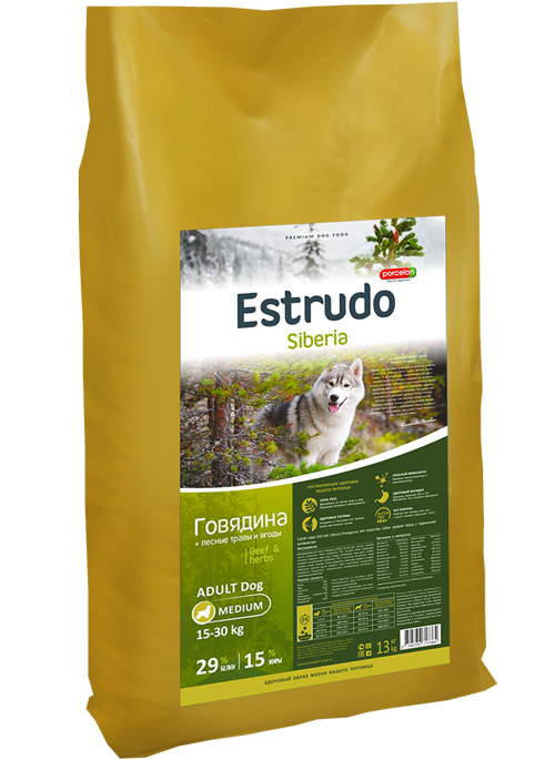 Сухой корм Estrudo Siberia (Говядина + лесные травы) для взрослых собак средних пород, 13 кг