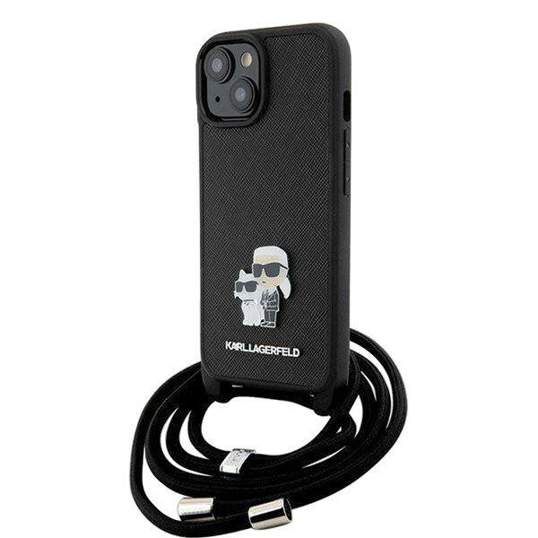 фото Karl Lagerfeld для iPhone 15 чехол Crossbody PU Saffiano NFT Karl & Choupette Metal Hard Black