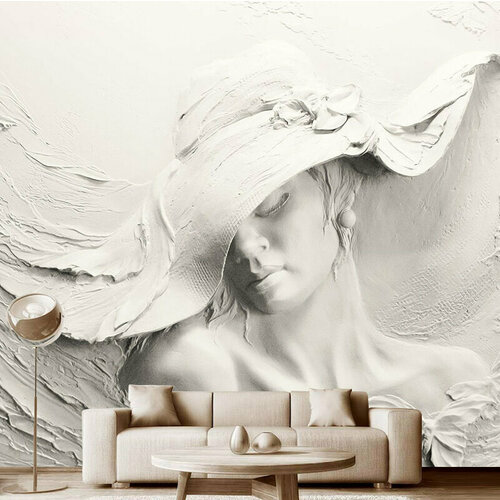 Фотообои на стену флизелиновые 3D Модный Дом Красотка в стильной шляпке 300x280 см (ШxВ), фотообои скульптура, искусство