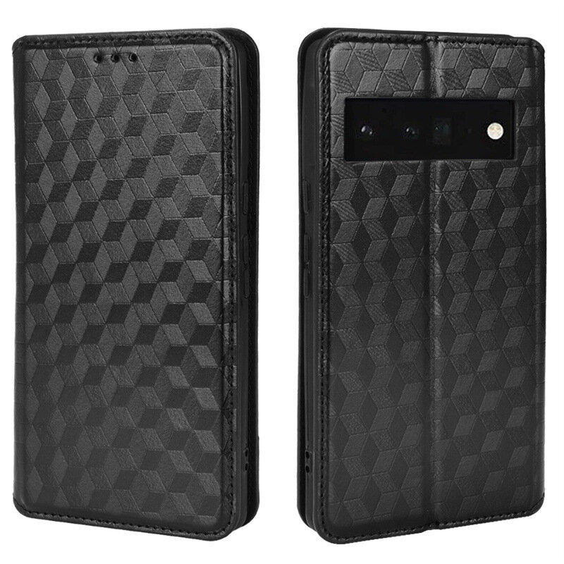 Чехол-книжка MyPads Elegante pattern Rombo для Google Pixel 7 Pro из натуральной кожи с 3d узором черный с магнитной крышкой