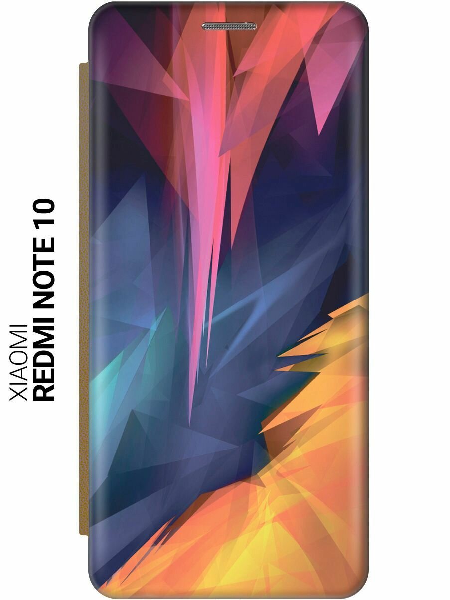 Чехол-книжка на Xiaomi Redmi Note 10, Note 10S, Сяоми Редми Ноут 10, Ноут 10С c принтом "Розовый, синий, желтый" золотистый