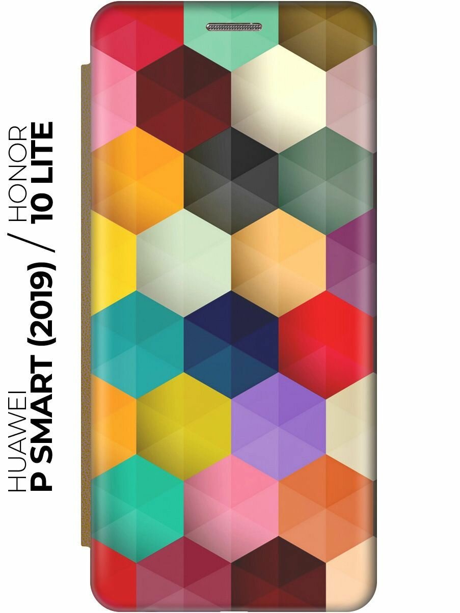 Чехол-книжка Разноцветный паттерн на Honor 10 Lite / Huawei P Smart (2019) / Хуавей П Смарт (2019) / Хонор 10 Лайт золотой