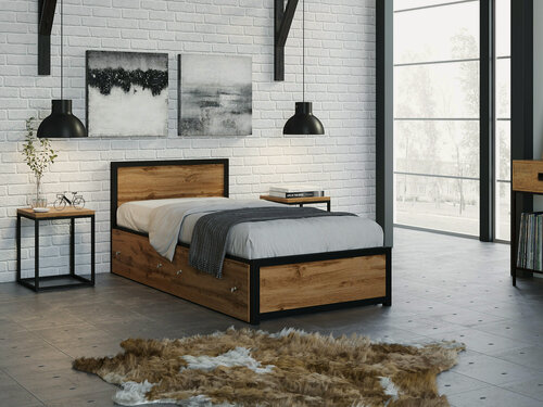 Изображение товара Кровать металлическая Титан Лофт 90х200 с ящиками черный/дуб крафт табак