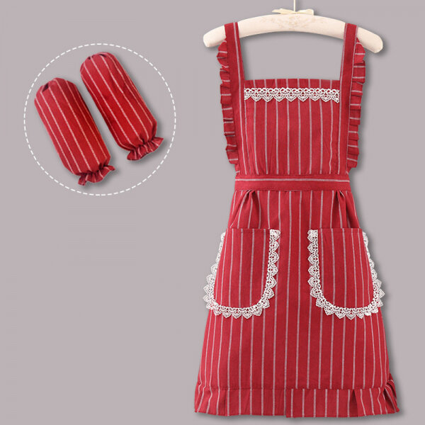 фото Фартук с нарукавниками и карманами кружевной в полоску дышащий, цвет красный