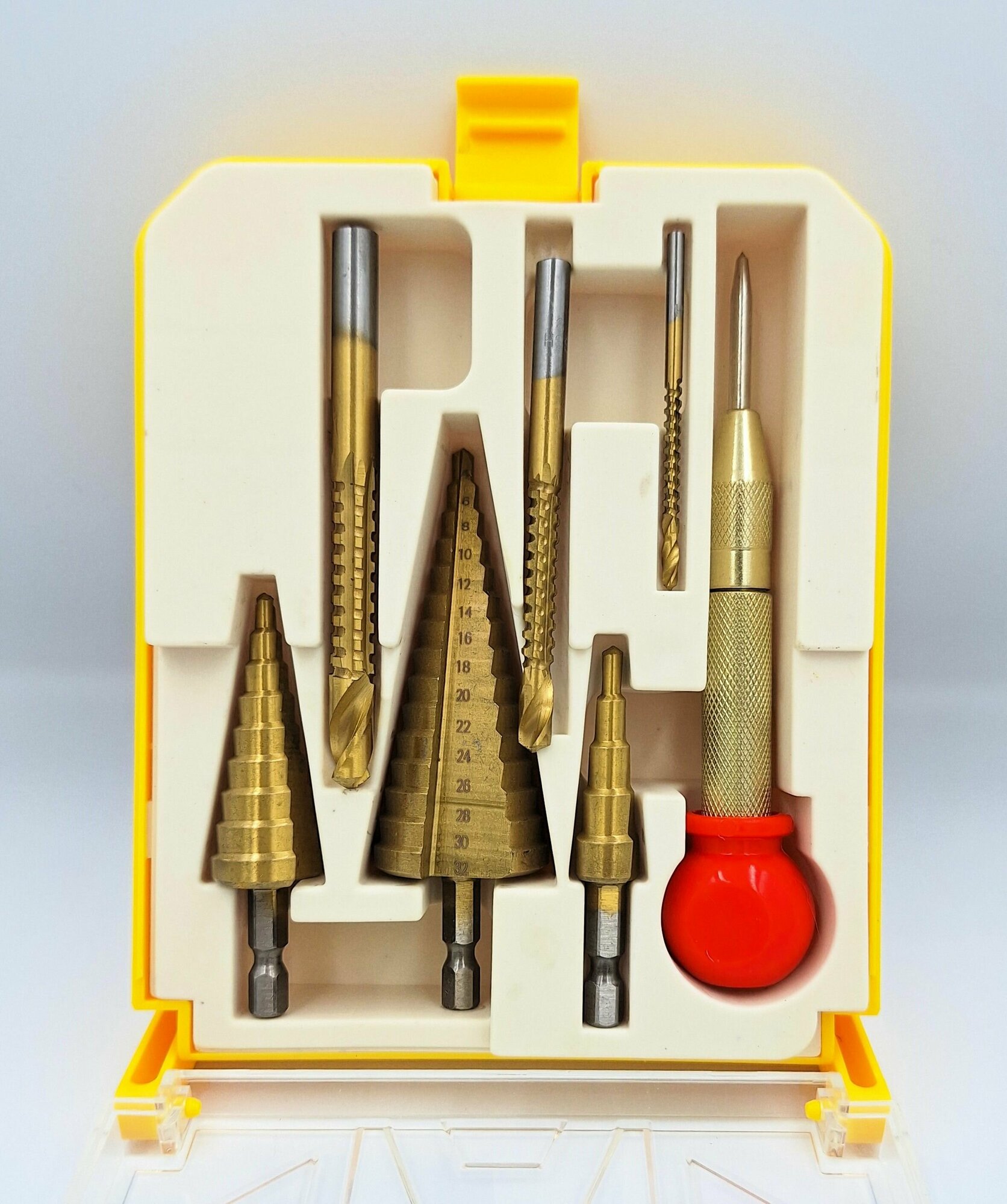 Подарочный набор Skole ступенчатых и фрезеровальных сверл по металлу и дереву с автоматическим кернером (7 предметов)