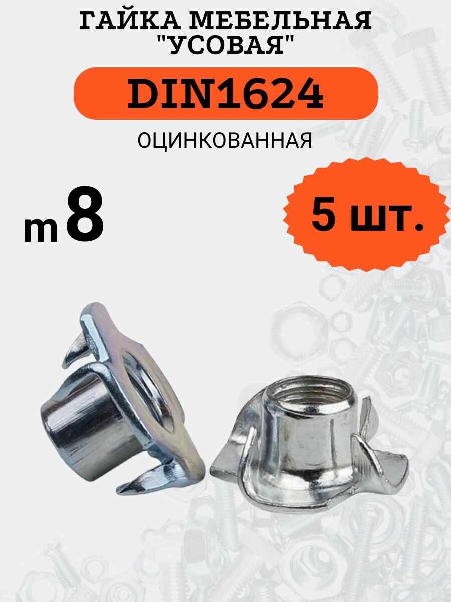 Гайка мебельная (усовая) DIN1624 M8 оцинкованная, 5шт.