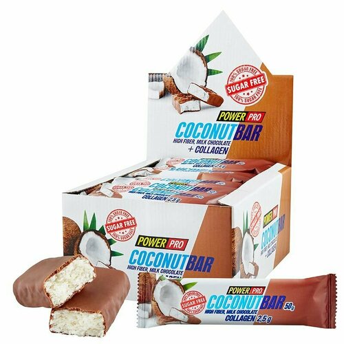 Батончик из мякоти кокоса без сахара Power Pro CoconutBar Collagen, 20 шт по 50 г, в молочном шоколаде