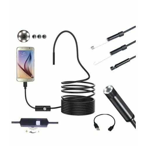 Эндоскоп для смартфона / видеоэндоскоп автомобильный 5 метров endoscope 7mm 5 5mm lens snake semi rigid cable 6 led light waterproof usb camera for android phone windows pc endoscope