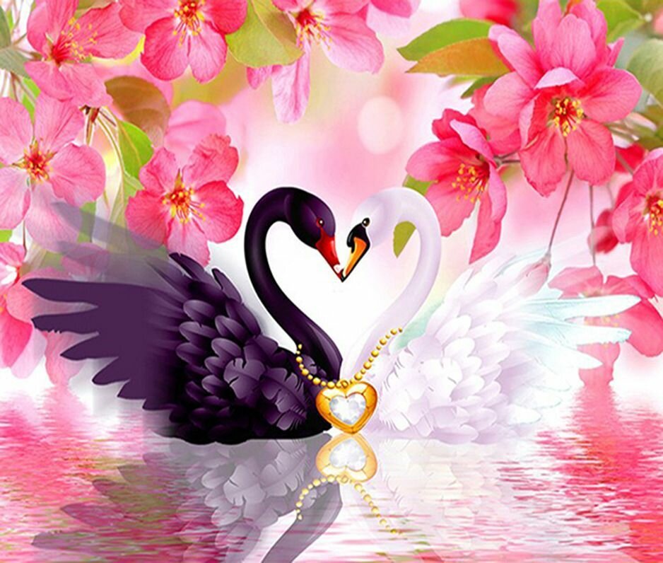 фото Алмазная мозаика Черный и белый лебеди размер выкладки 45*35 полная выкладка; Без подрамника