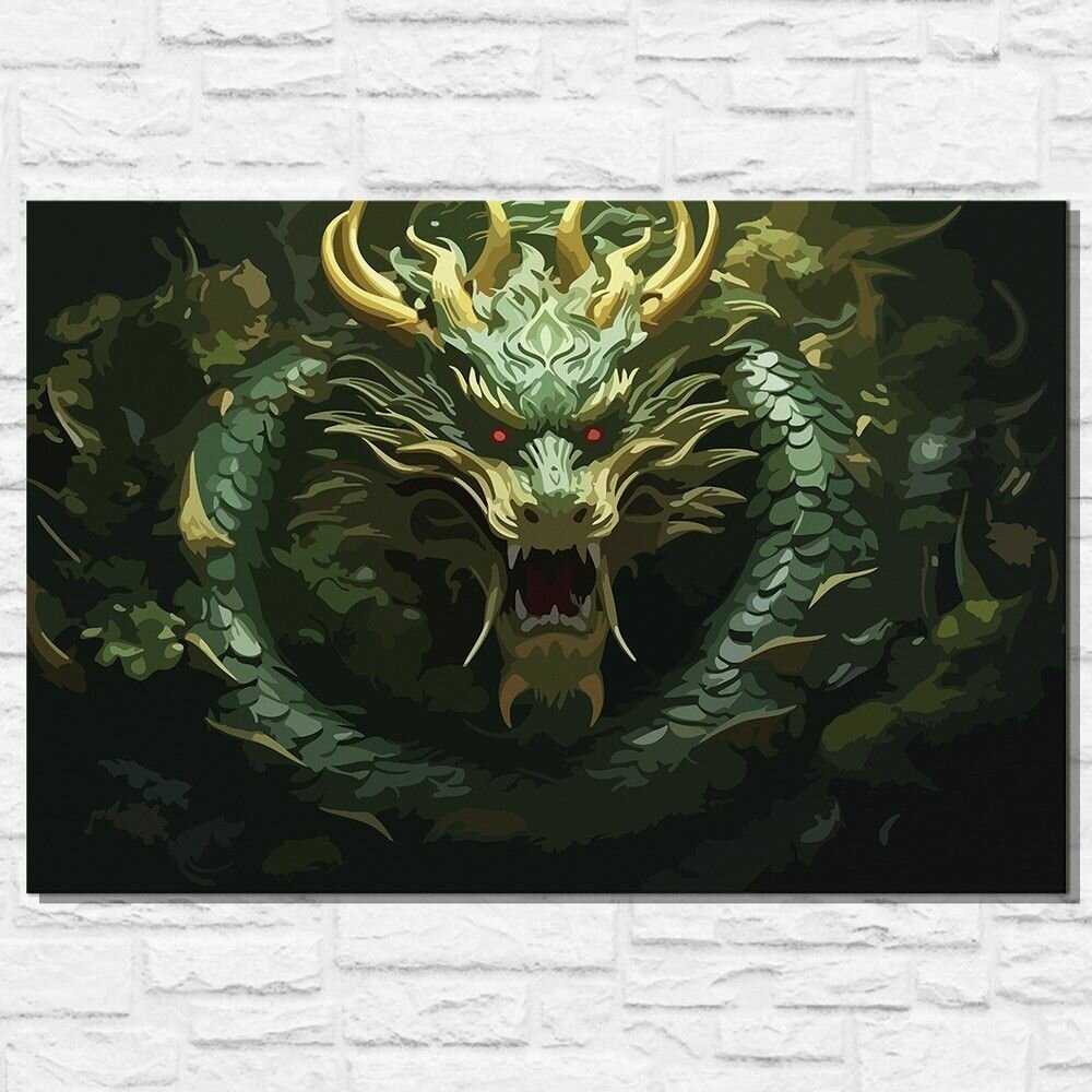 Картина по номерам на холсте новый год деревянный зеленый дракон (год дракона, рождество, фэнтези) - 12770 40х60