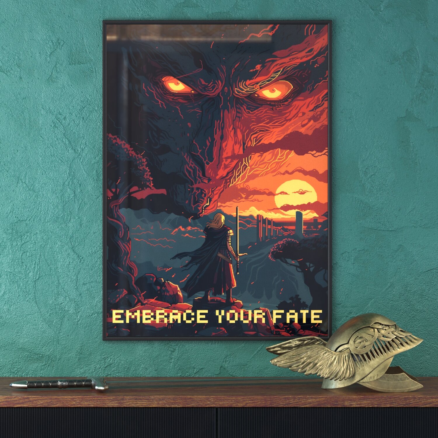 Постер в рамке на стену DigitalRazor Elden Ring Edition Embrace Your Fate 430x600mm, оранжевый, серый