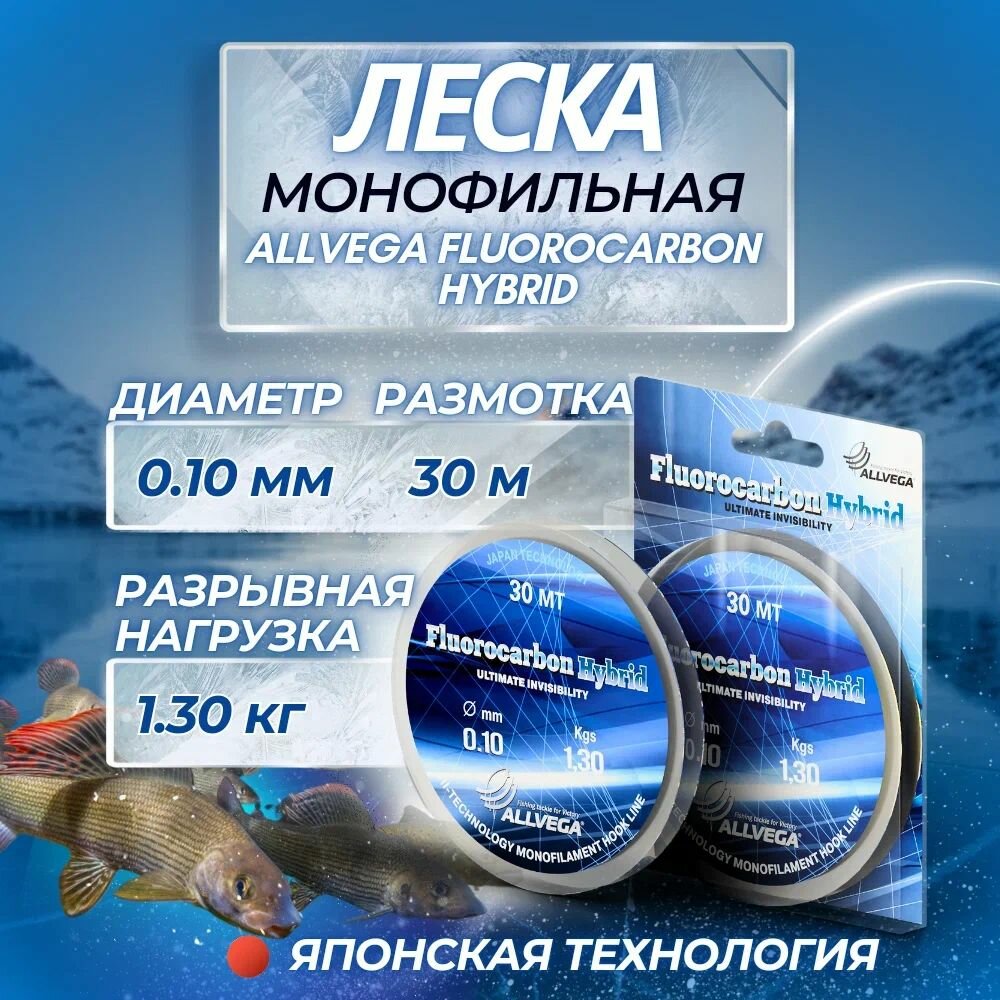 Леска монофильная ALLVEGA "Fluorocarbon Hybrid" 30м 0,10мм, 1,30кг, флюорокарбон 65% 9336041