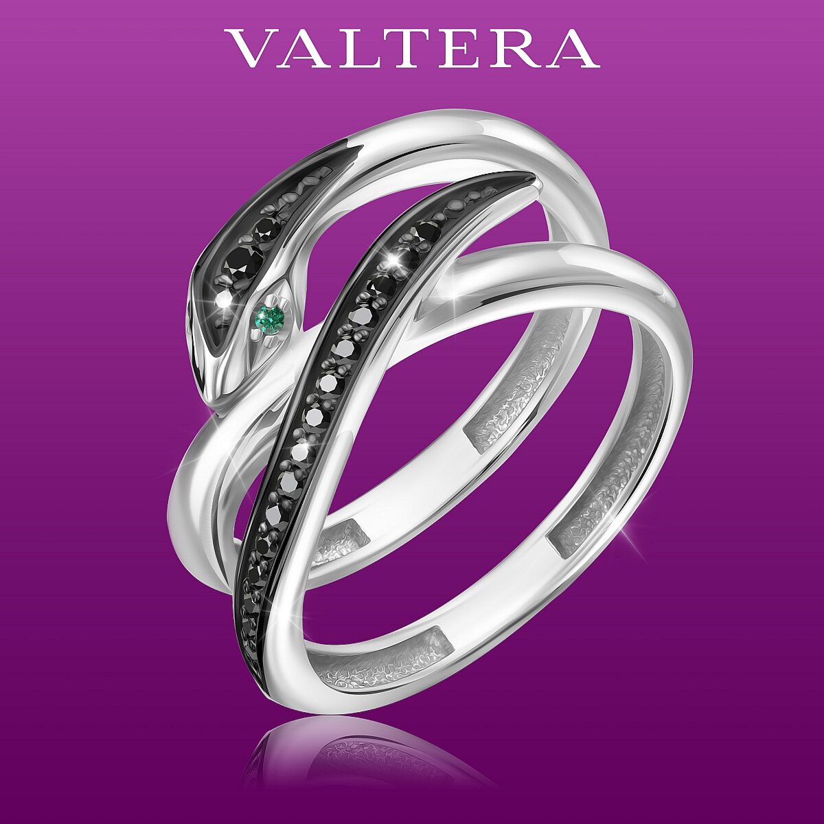 Кольцо широкое VALTERA, серебро, 925 проба, родирование, фианит, размер 19.5, серебристый