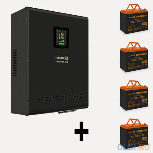Изображение товара Комплект ИБП EX296003RUS + батарея 75Aч EX285653RUS 4шт (инвертор, синус, для котла, настенный) ExeGate FineSine SX-3000. LCD. AVR.2SH. T