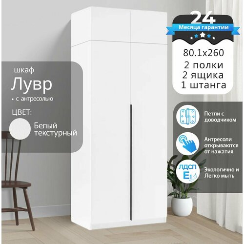 Шкаф распашной Лувр белый текстурный, 2-х дверный, модульный, с доводчиками, выдвижными ящиками и антресолью, 80.1х50.6х260 см